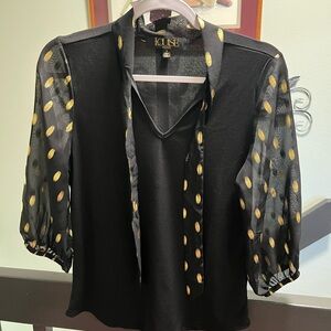 Louise Black Blouse with Gold Accents See Through Sleeves, V-Neck #140